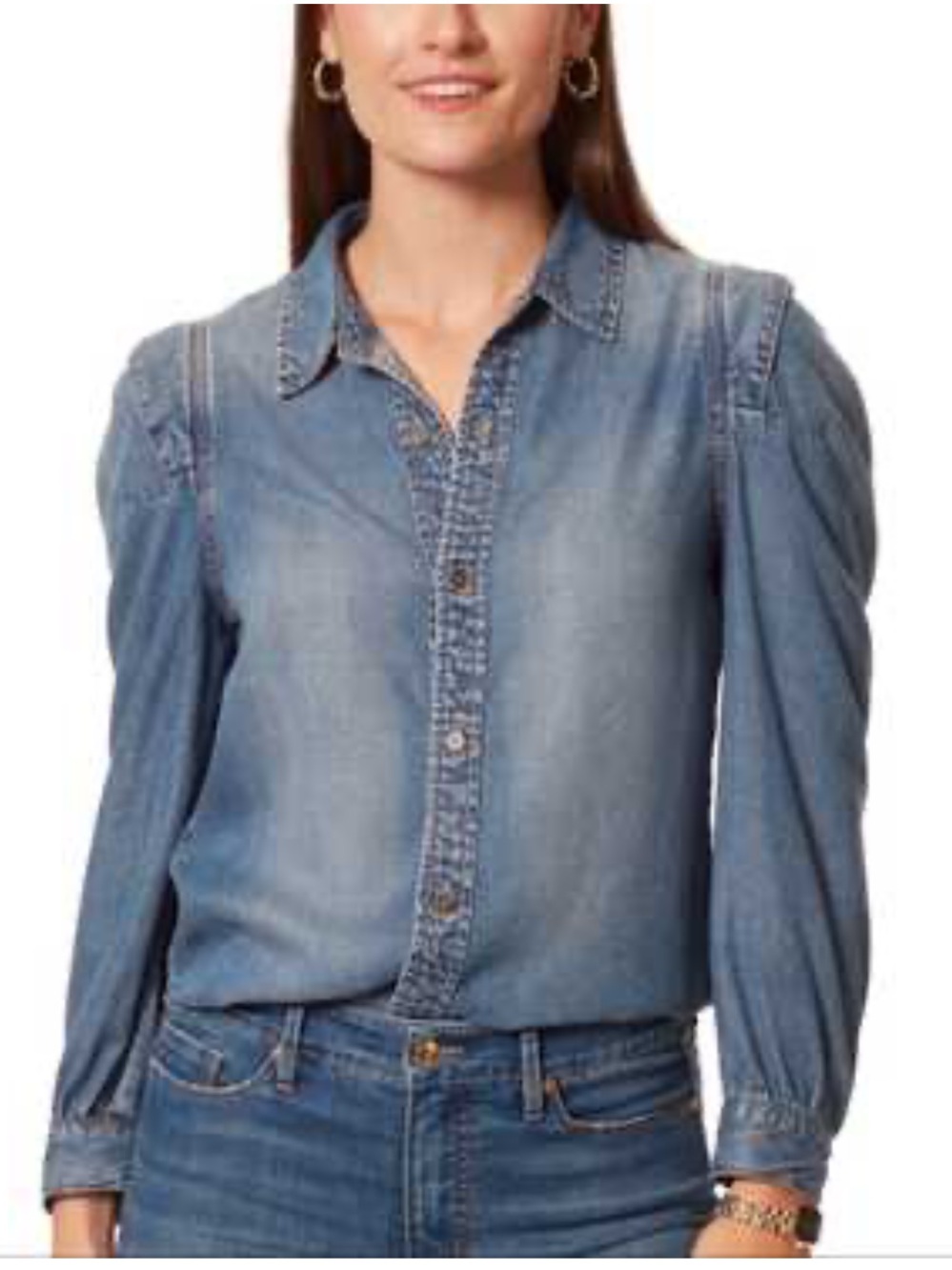 Anne Klein Blue Denim Cap Sleeve Button Shirt Cotton Large Y2K Western Chic